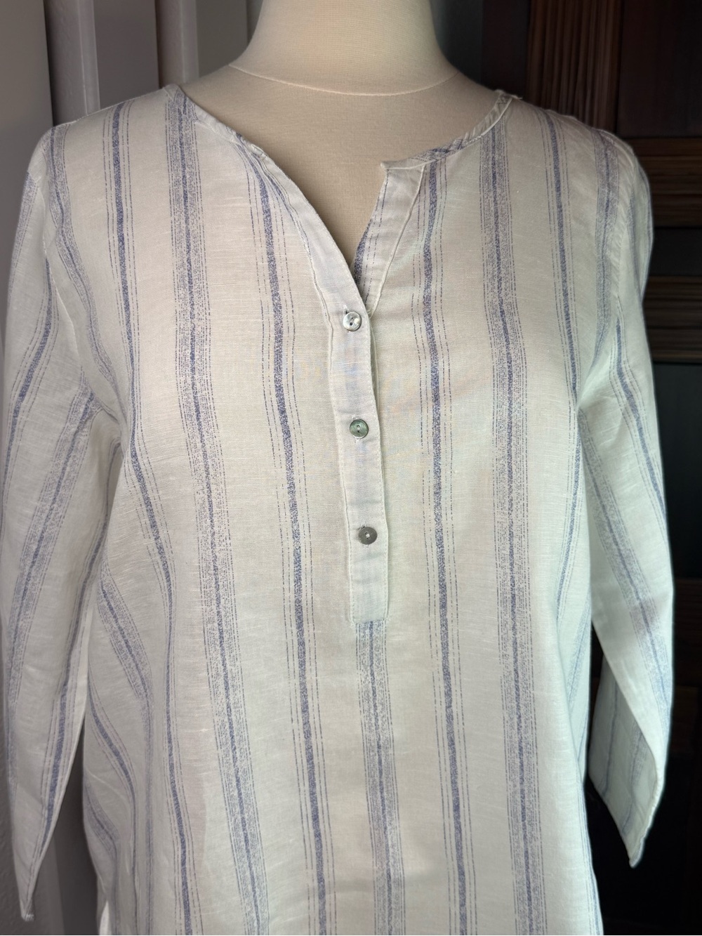 Hester & Orchard Linen Cotton Tunic Blouse L Blue White Stripe Coastal - Picture 3 of 11